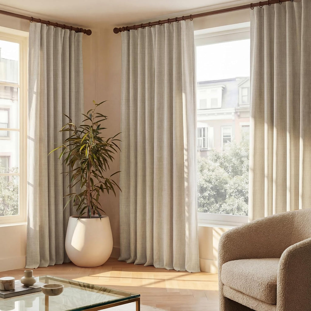 DIY Pinch Pleat Greige 100% Blackout Linen Curtains with Hook Belt, 3-in-1 Hanging Style Heavyweight White Liner