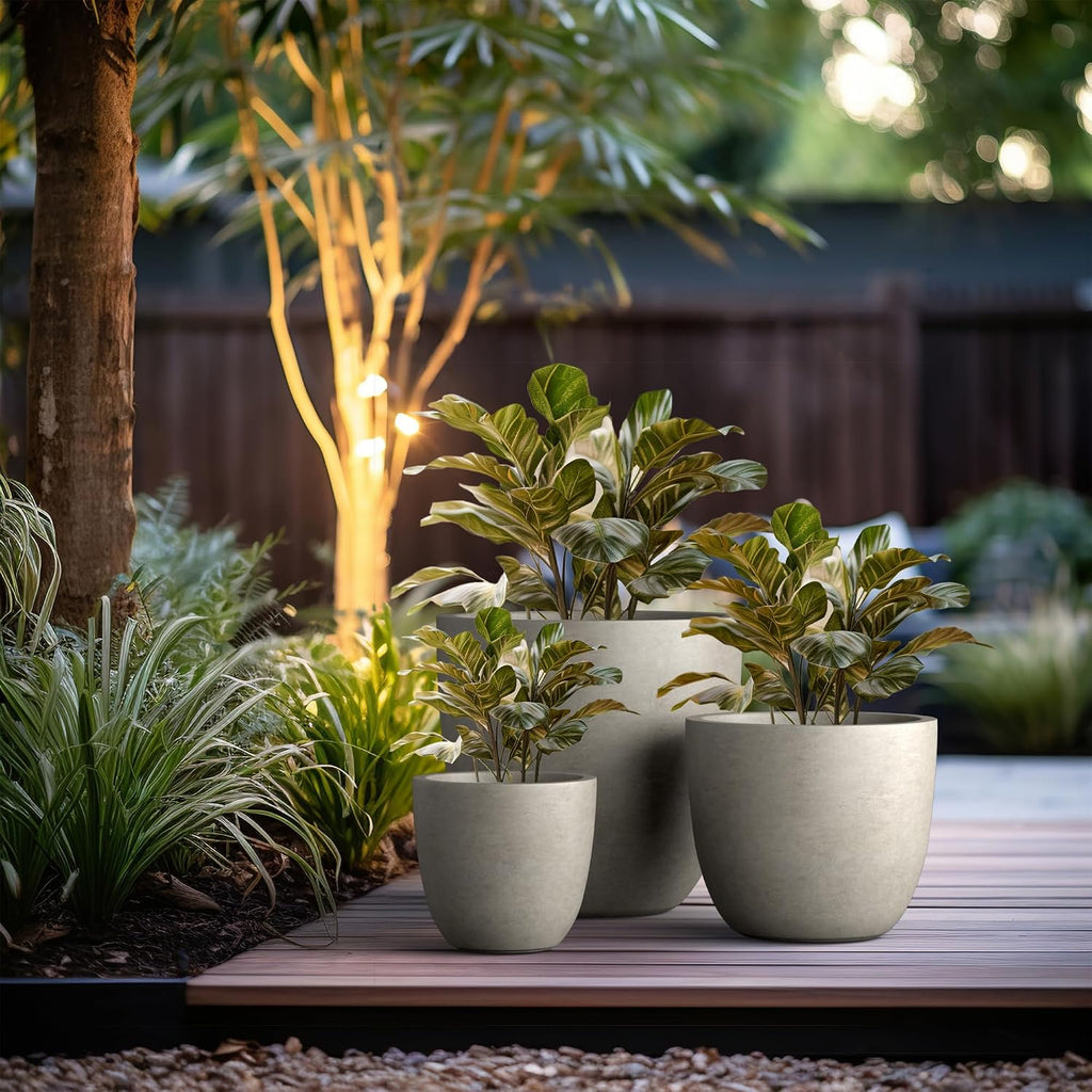 Set of 3 Weathered Concrete Bowl Planters 18" 14" 18" Dia | Drainage for Outdoor, Rubber Plug for Indoor Home