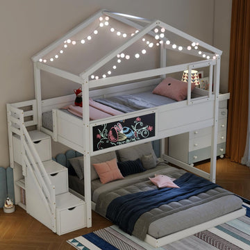 Wood Twin Over Full House Bunk Bed with Ladder, Solid Pine Wood Bunk Bed Frame with Safety Guardrails