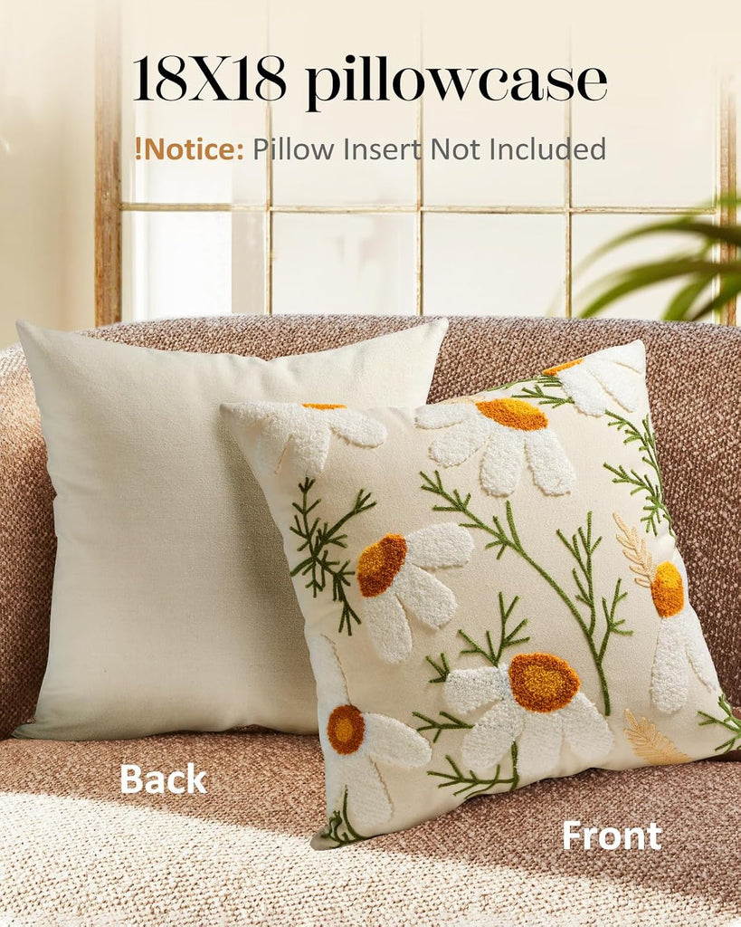Embroidered Throw Pillow Cover - 18x18 Decorative Pillow Cover with Zipper Aesthetic Cute Design Boho Spring Summer