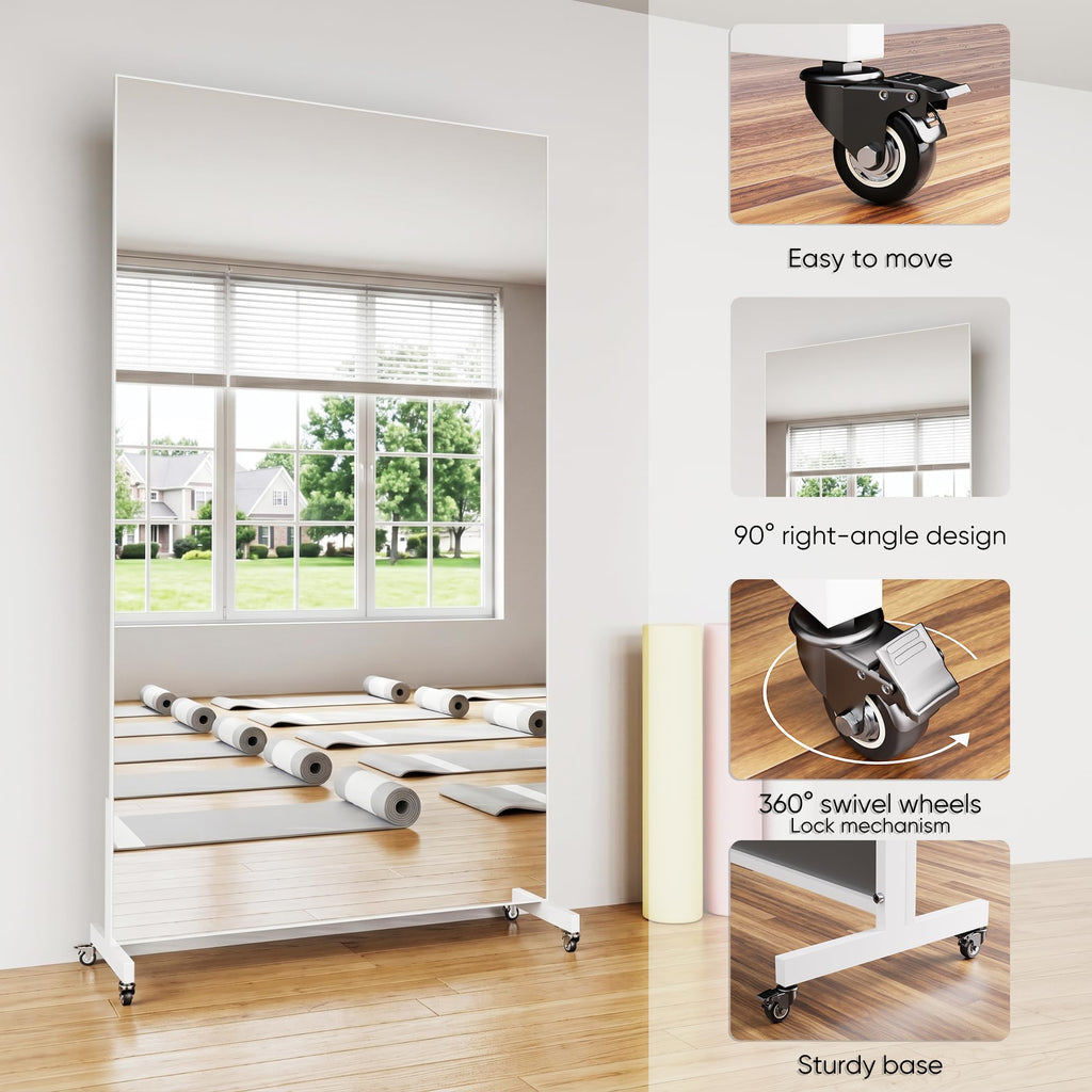72"x40" Full Length Mirror with Wheels for Yoga, Dance, Gym, White