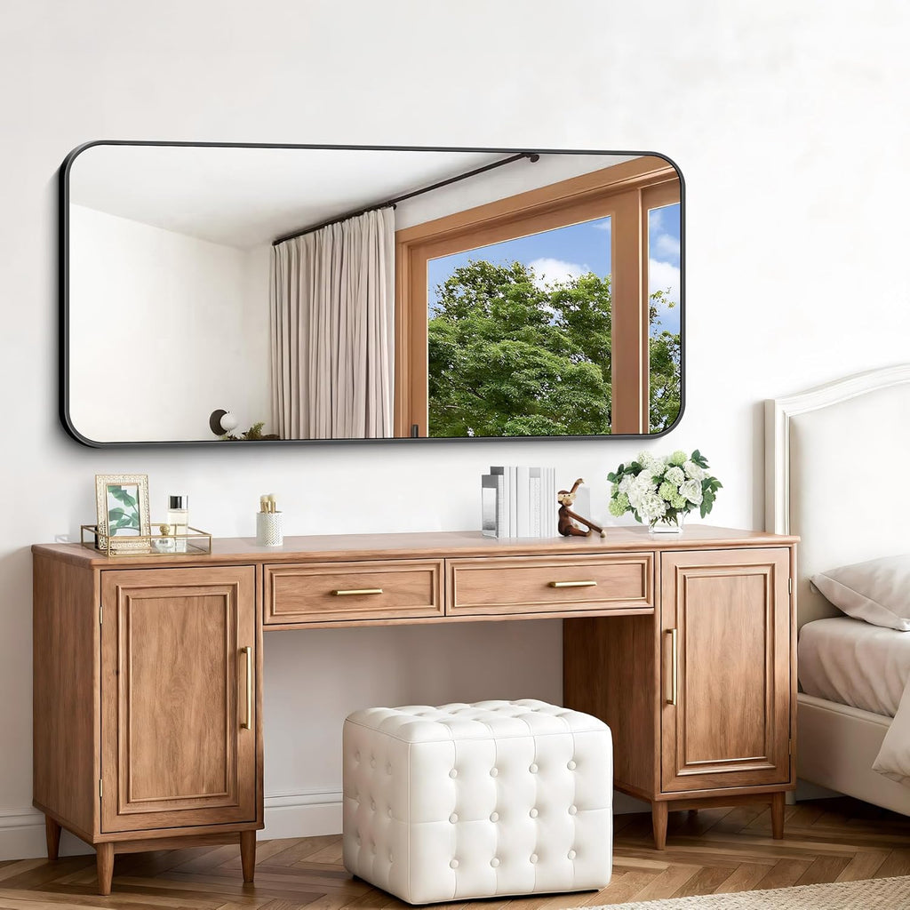 Black Bathroom Mirror, 66x30 inch Aluminum Metal Frame Rectangular Vanity Mirror, Large Wall Mounted Rectangle Mirrors