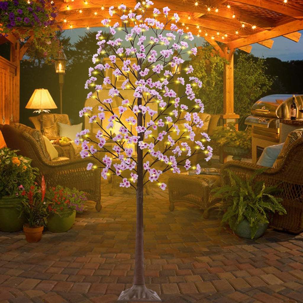 7FT Lighted Cherry Blossom Tree - Faux Artificial Light Up Pink Tree with 144 Lights, 432 Lush Flowers, Timer, Remote