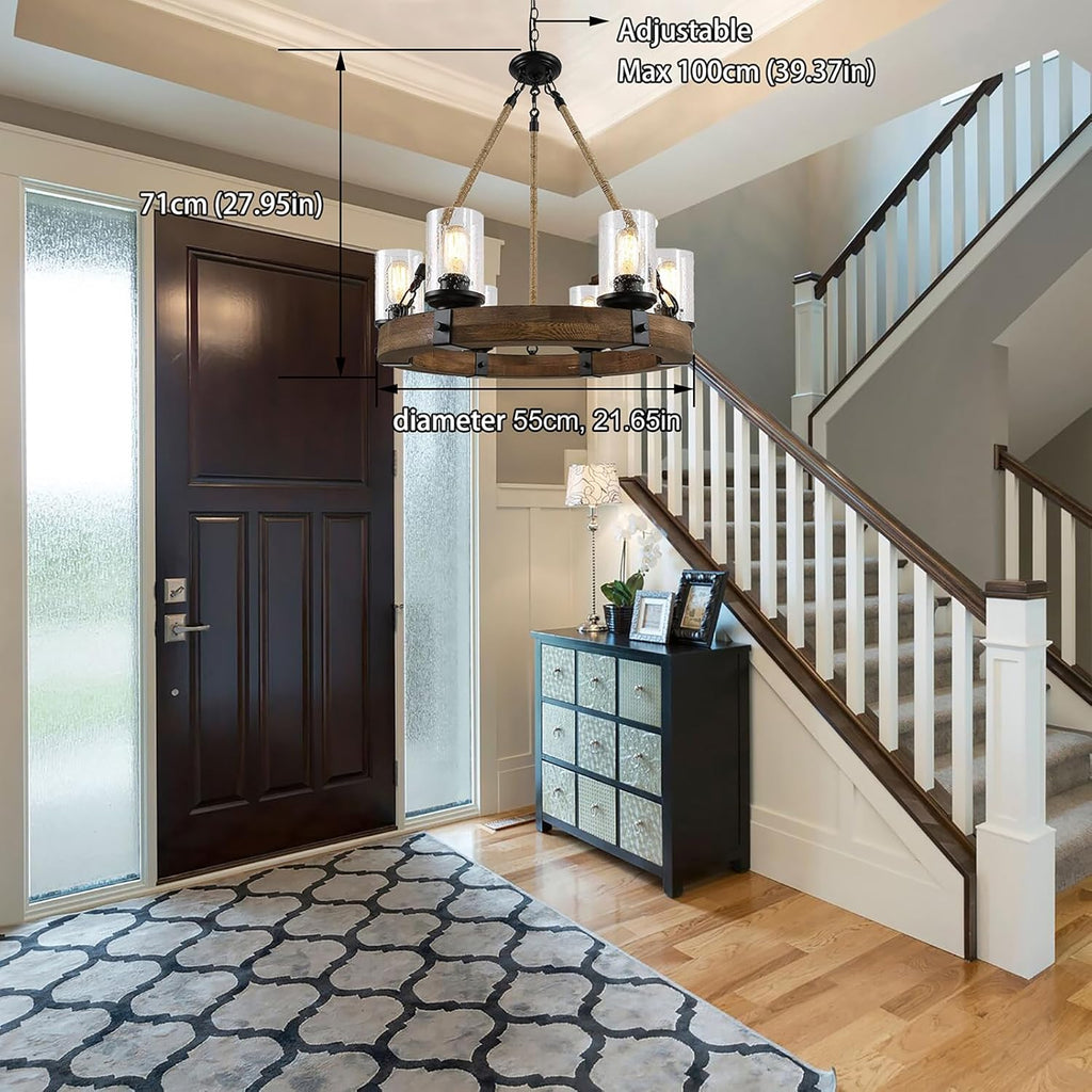 Inspired Camino Style Chandelier - Rustic 6 Light Round Wood Wagon Wheel Chandelier with Seeded Glass Shade, Farmhouse for Dining Room, Kitchen Island, Foyer and Entryway