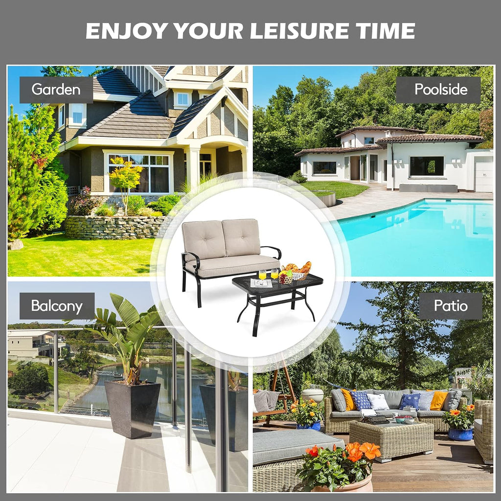 Patio Loveseat with Coffee Table - 2-Piece Patio Conversation Sofa Set w/Backrest & Cushions, Modern Outdoor Glider