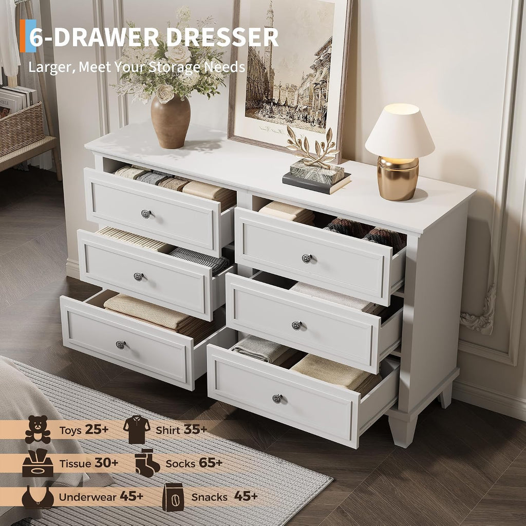 Farmhouse White Dresser with 6 Drawer, Double Dresser TV Stand with Vintage Handle, Wide Wood Dressers & Chests of