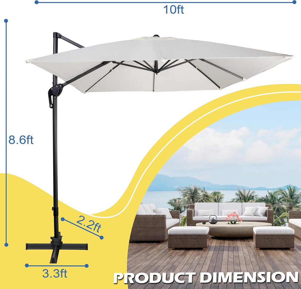 10x10Ft Cantilever Patio Umbrella Square 360° Rotation & Integrated Tilting System Offset Umbrella with 8 Sturdy Ribs