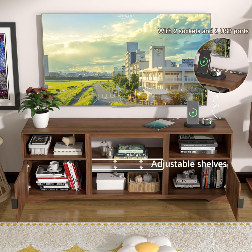 Fluted TV Stand for Tvs up to 80",Mid Century Modern TV Stand with Open Adjustable Shelf,Entertainment Center Wood TV