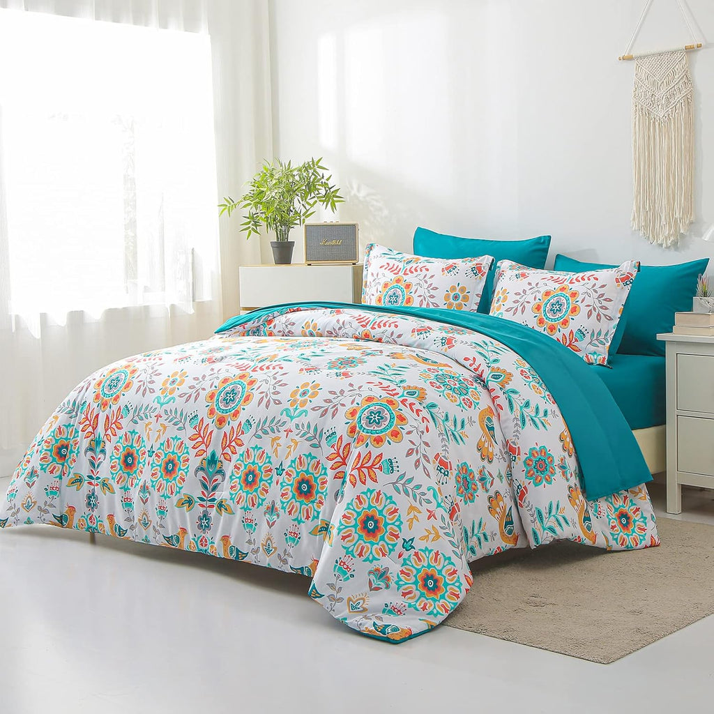 Boho Comforter Set - 7 Pieces Bed in a Bag Floral Medallions Design, Bohemian Comforter Set with Sheets