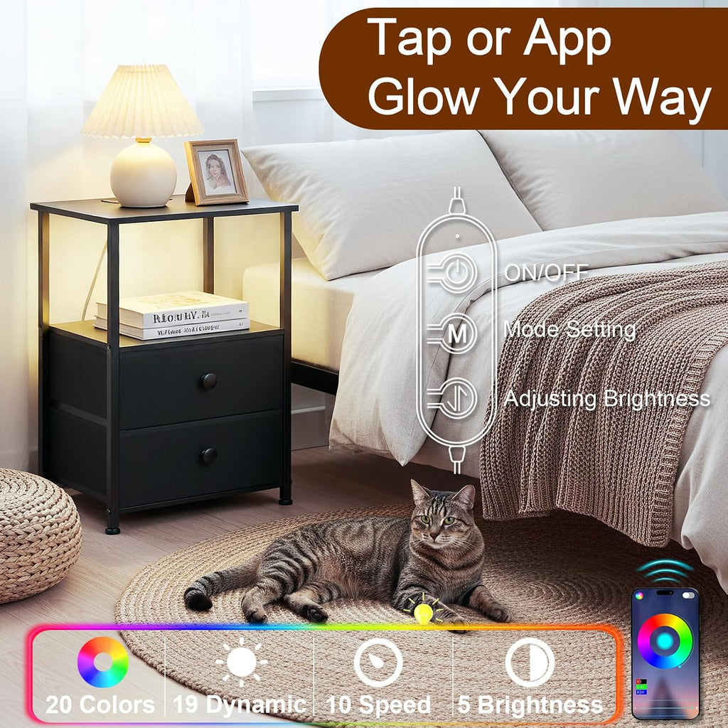 Night Stand Set 2, LED Nightstand with Charging Station, End Tables with Storage Shelf, Bed Side Table with 2 Fabric