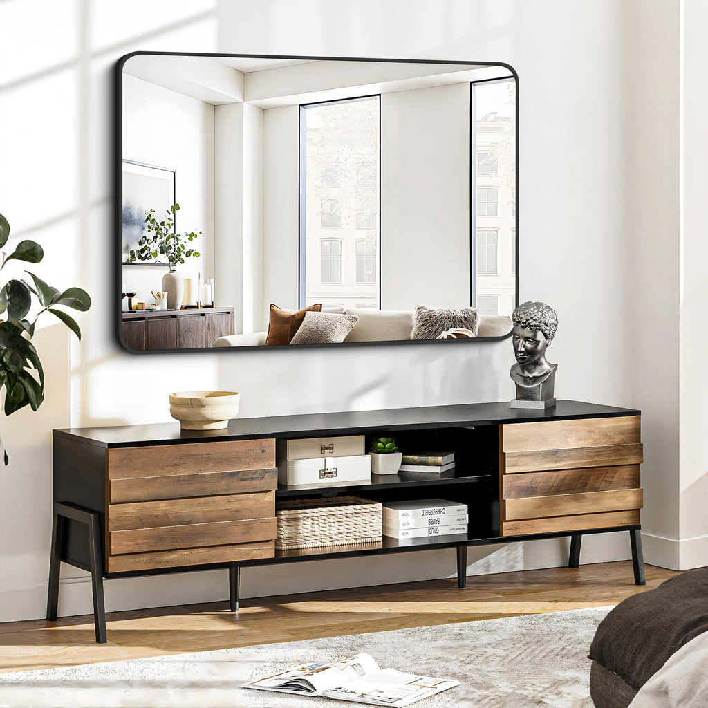 Bathroom Mirror 30" X 40", Large Rectangular Wall Mirror, Black Metal Framed Rounded Corner Wall Mounted Mirror
