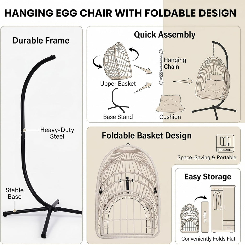 Foldable Hanging Egg Chair with Stand and Pillow, HDPE Rattan and Heavy Duty Aluminum-Steel Frame, Outdoor Patio
