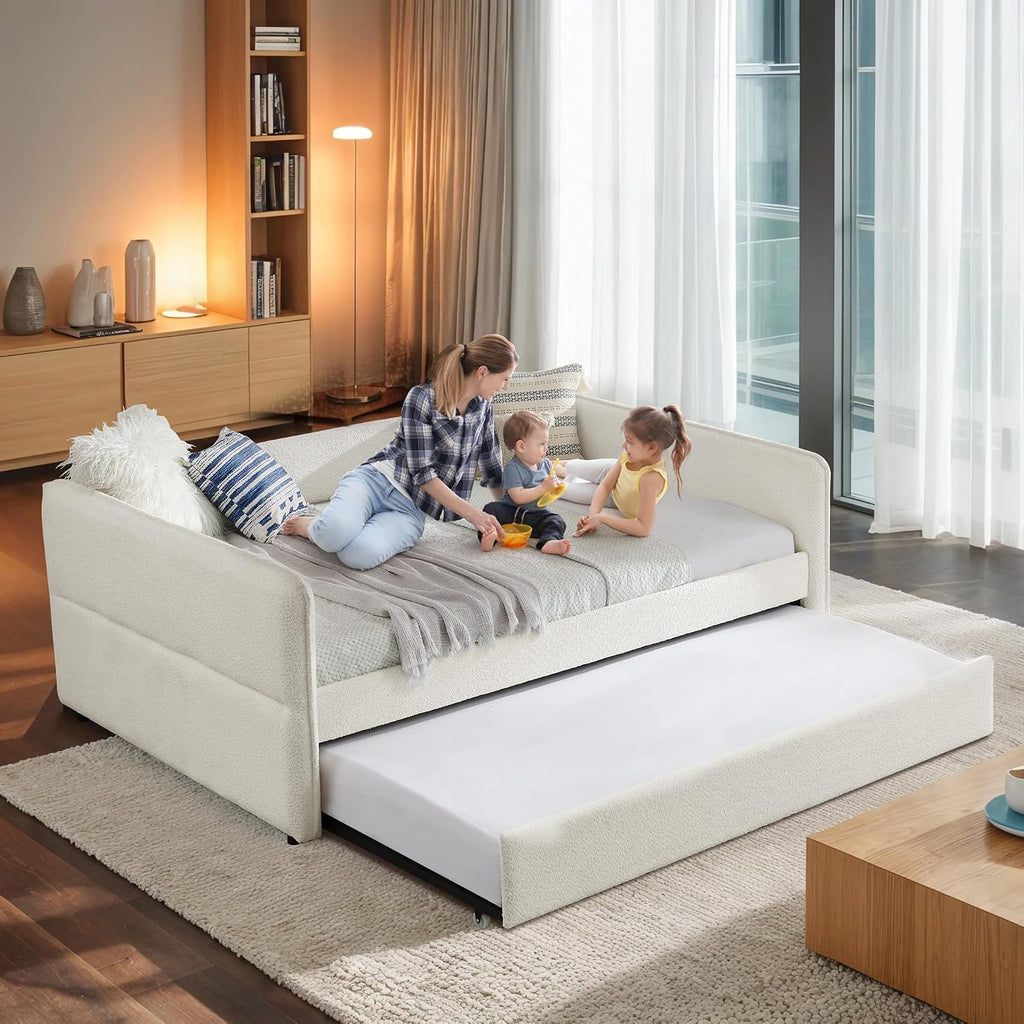 Twin Size Daybed with Pop Up Trundle, Boucle Upholstered Daybed with Trundle, Twin Size Sofa Bed with Tufted Design
