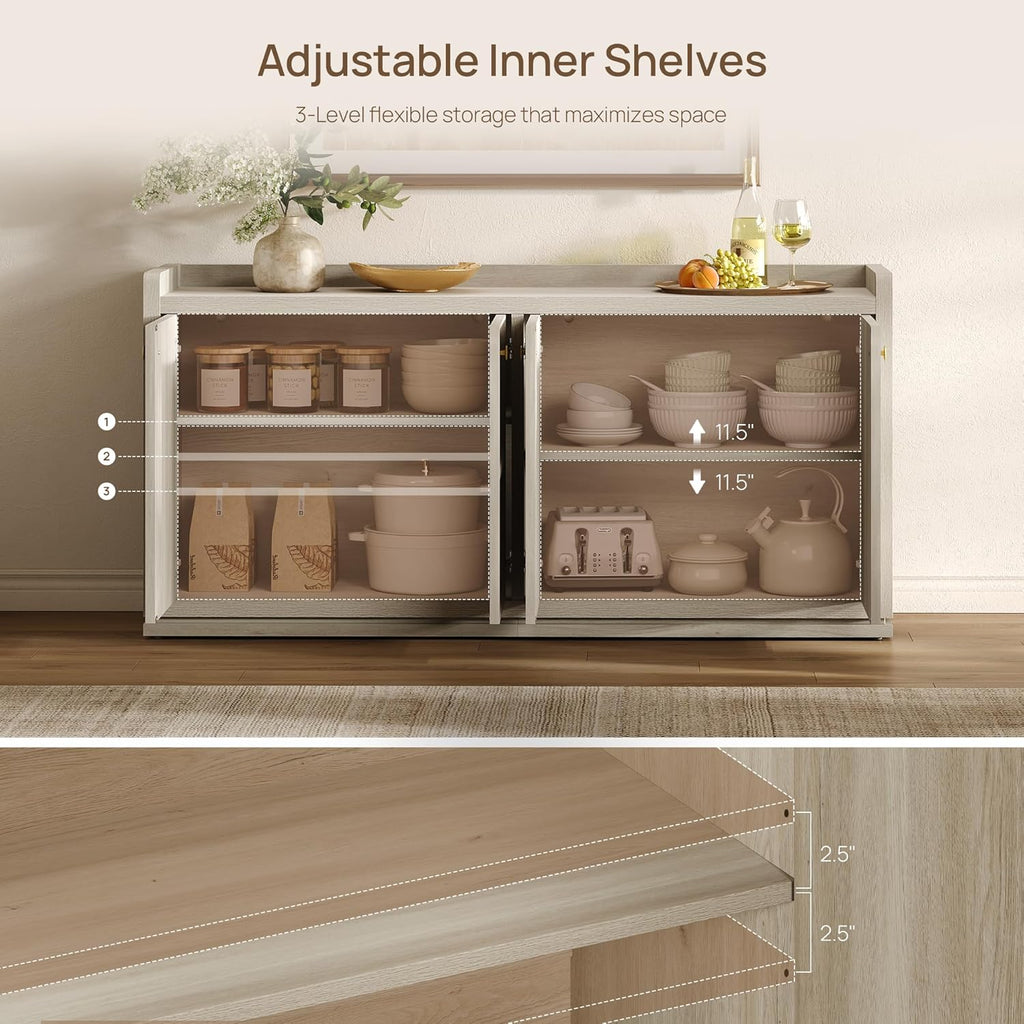 61.7" Wide 4-Door Buffet Cabinet, Extra Long Sideboard with 2 Separate Bays & Adjustable Shelves