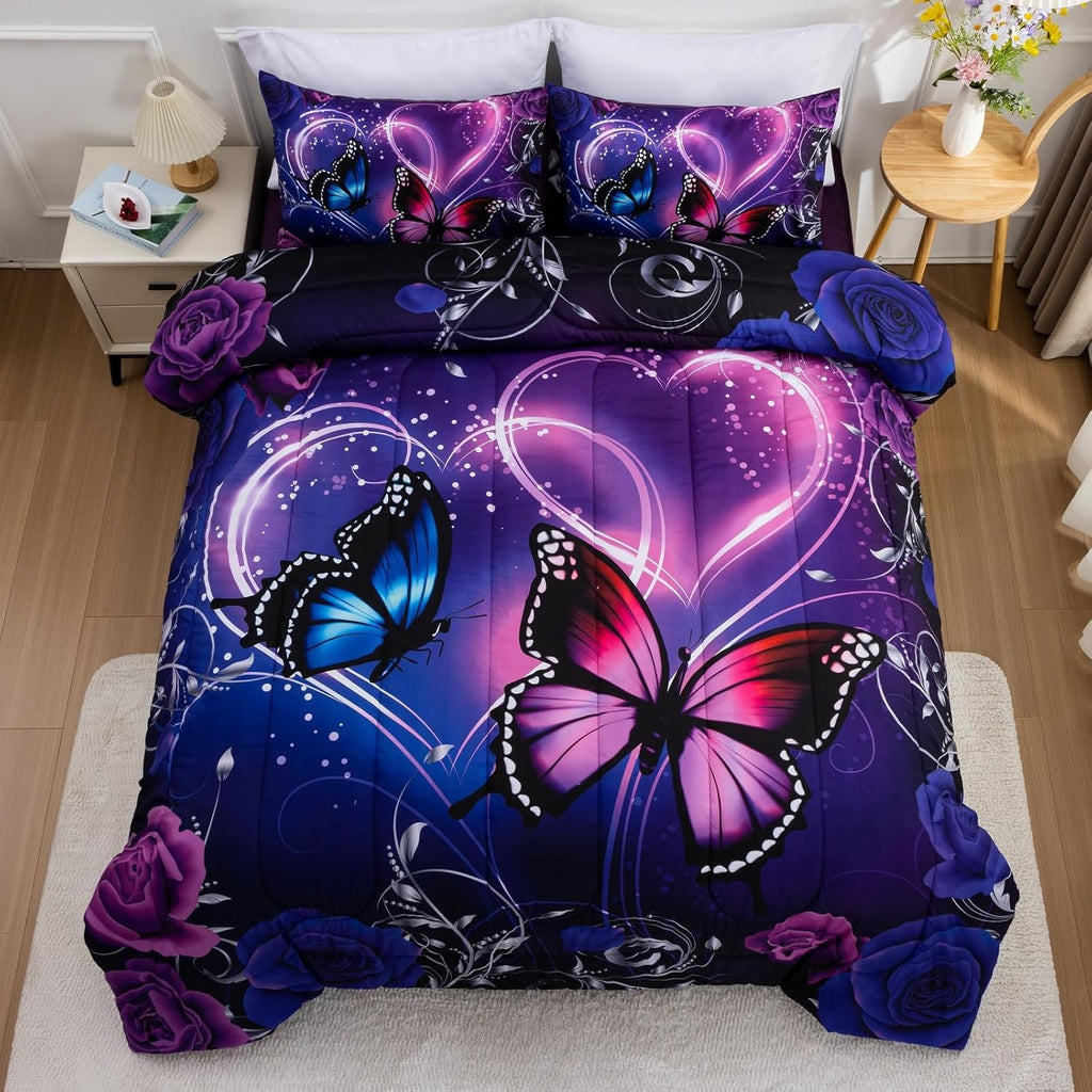 A Nice Night Galaxy 6pcs Bed in a Bag Purple and Blue Dreamy 3D Butterfly Printed