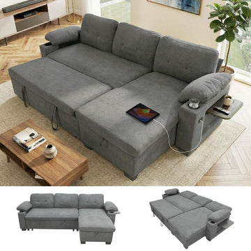 93" L Shaped Sleeper Sofa Bed, Pull Out Sectional Couch with Storage Chaise/Reclining Backrest, Sectional Couches