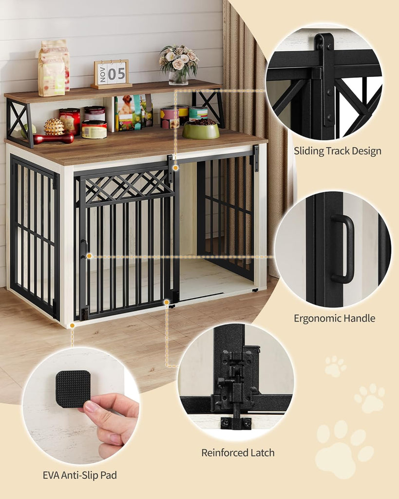 39.4'' Dog Crate Furniture, Large Wooden Dog Crate with Storage and 3 Doors, Indoor Kennel for Medium/Large Dogs