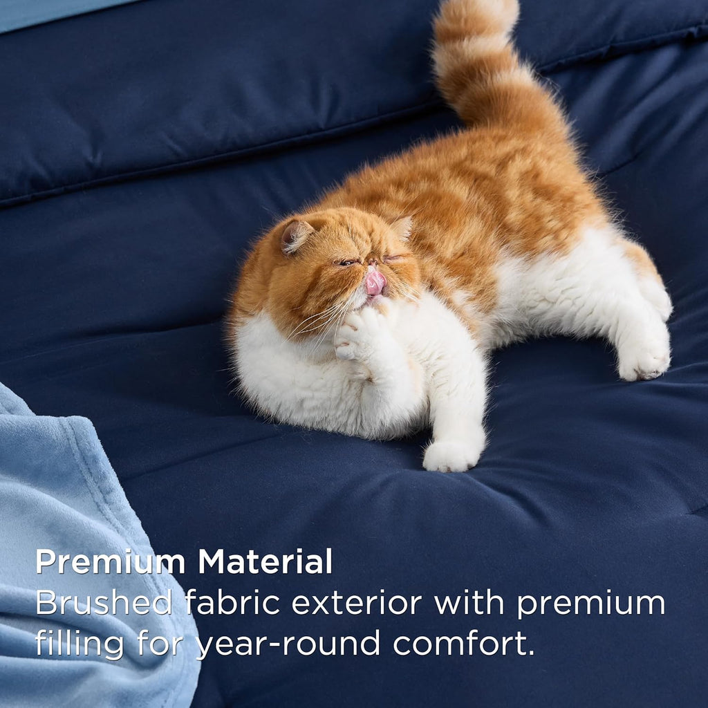 Full Comforter Set Navy Blue, 8 Pieces Prewashed Full Bed in a Bag with Soft Fleece Bed Blanket
