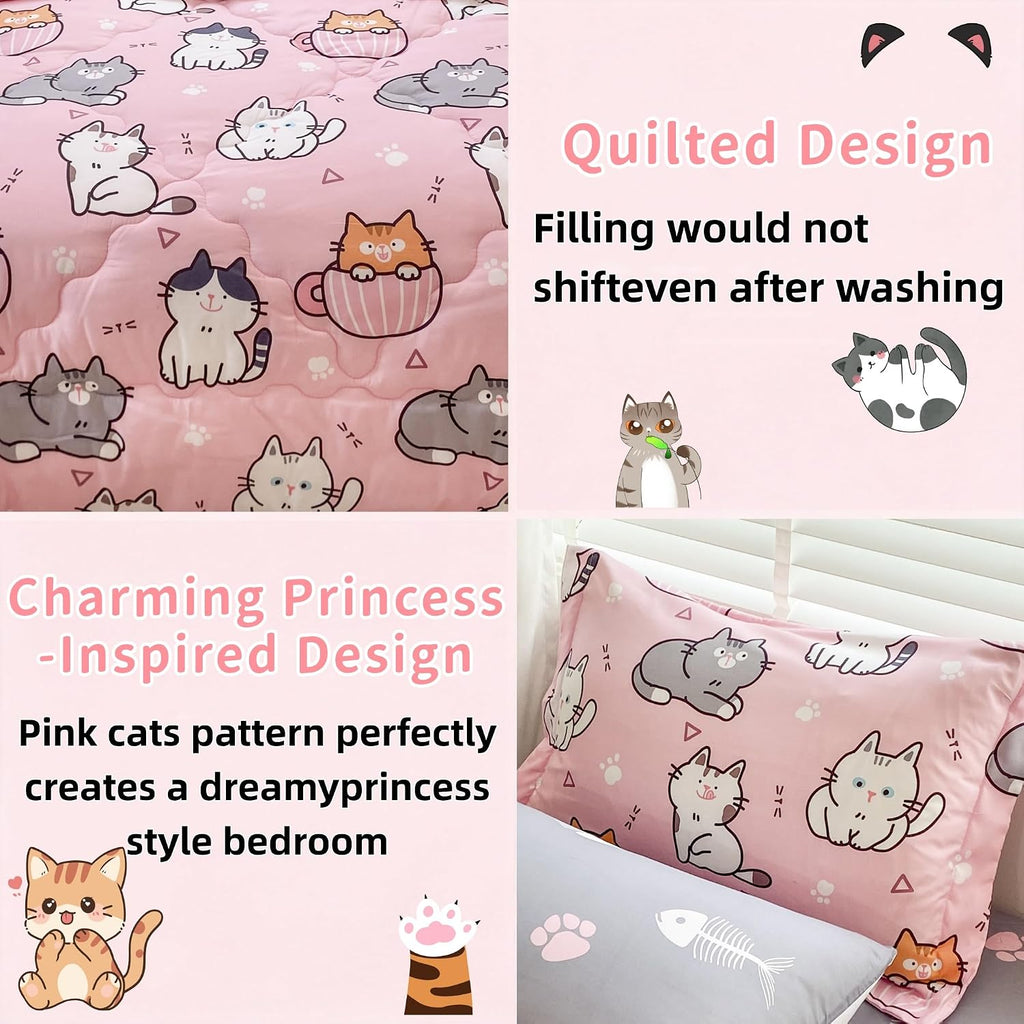 7 Piece Girls Cats Bedding Comforter Set Twin for Kids Bed in A Bag Pink Cute Cartoon Pet Cat Bedding Set for Boys