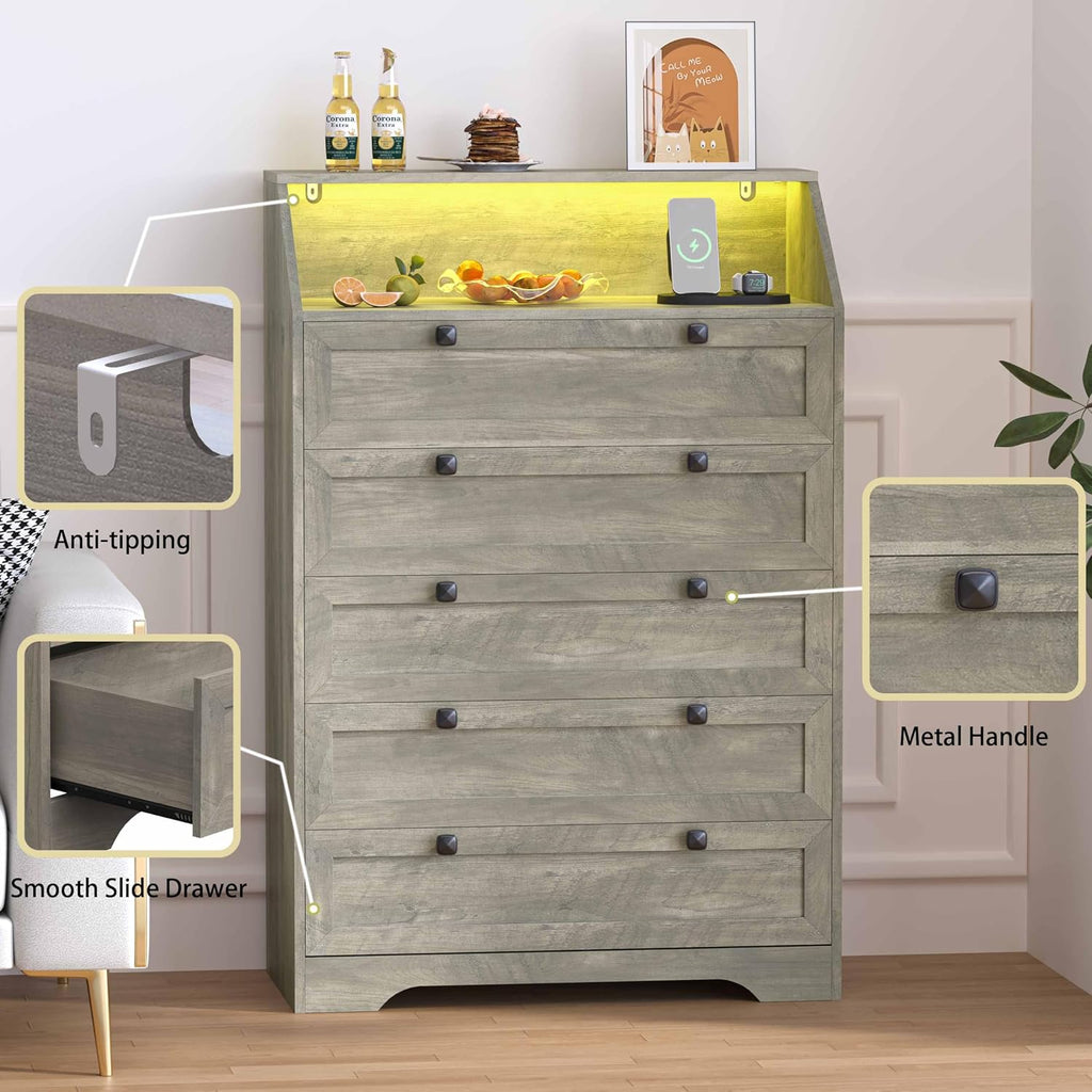 Grey Dresser Tall 5 Drawer Dresser , Wood Chest of Drawers with LED Lights, Charging Station, Metal Handles, Modern