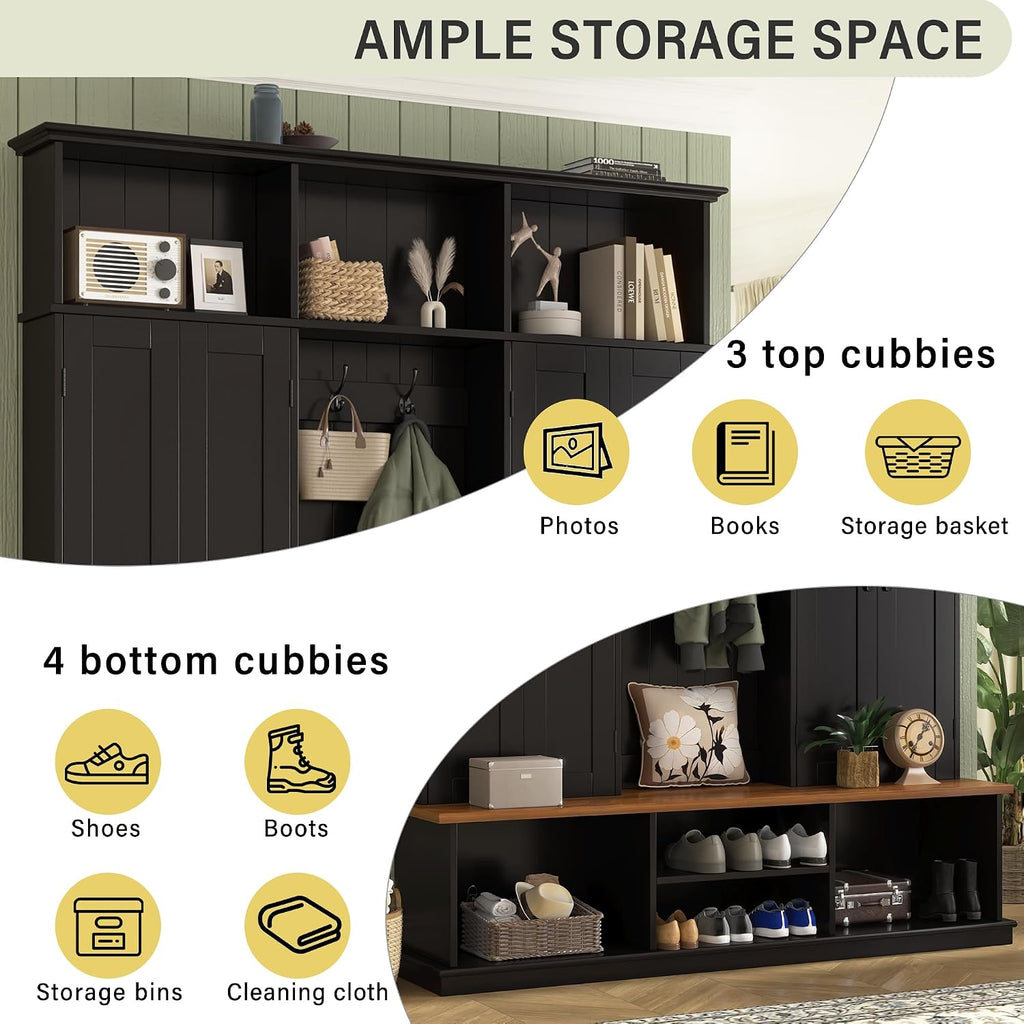 62.2''W Entryway Hall Tree with Bench, 3 Top Cubbies & Bottom Storage Space, Farmhouse Coat Rack with Hooks &