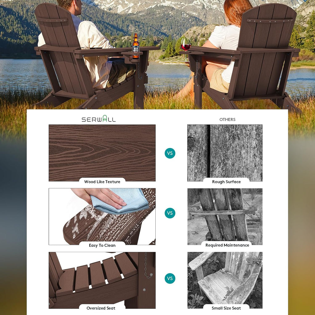 Outdoor Adirondack Chairs Set of 2 with Cup Holders,Foldable,Coffee | HDPE Composite,Waterproof,Wood Grain,Cup &