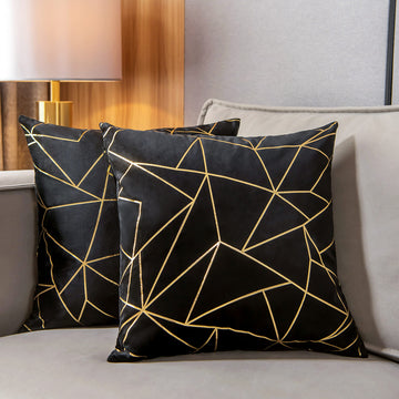Pack of 2 Velvet Cushion Cases Decorative Gold Foil Geometric Pattern Ultra-Soft Square Throw Pillow Covers for