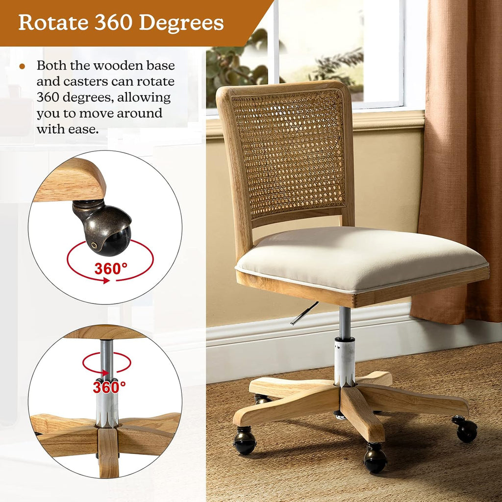 Modern Home Comfortable Upholstered Armless Desk Chair, Adjustable Swivel Rolling Computer Chair with Rattan Mid-Back