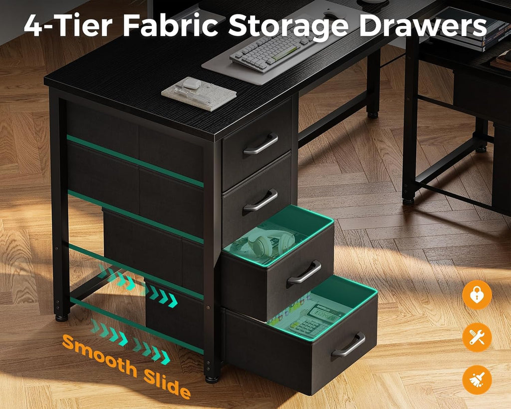L Shaped Computer Desk with 6 Drawers & Power Outlet, 55 Inch Corner Desk with Reversible Storage Shelf & File Drawer