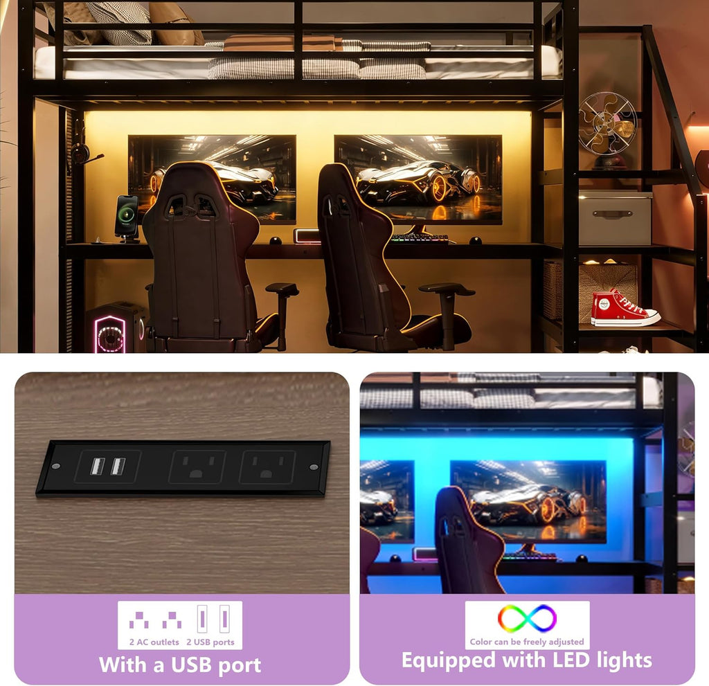 Full Loft Bed with Desk & Storage Stairs, Metal Full Loft Bed Frame with Iron Nets, LED Lights & USB Ports