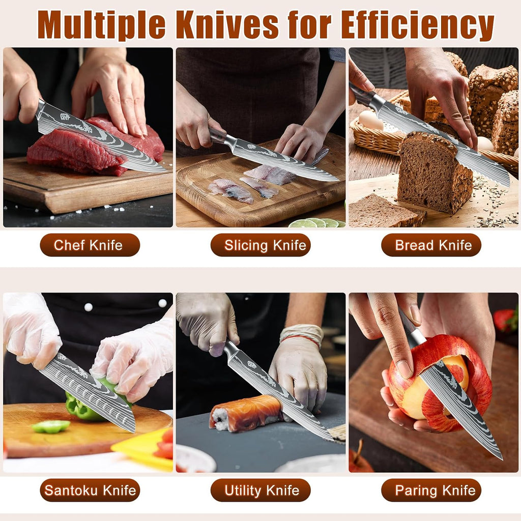 Kitchen Knife Set, 15 Pieces Knife Set with Block and Sharpener | High Carbon Stainless Steel Chef Knives Sets with