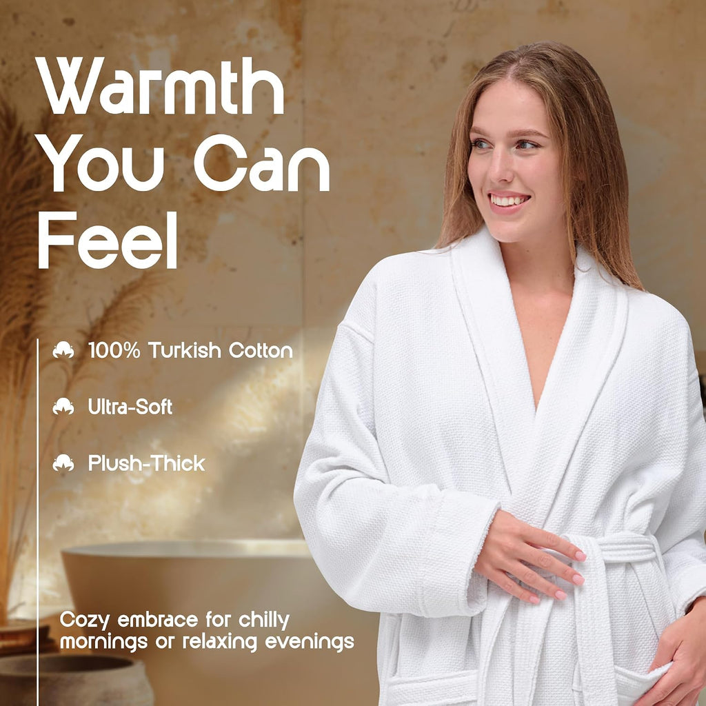 Waffle Bathrobe for Women, Men, 100% Turkish Cotton, Luxury Terry Interior, Waffle Exterior, One Size Fits Most