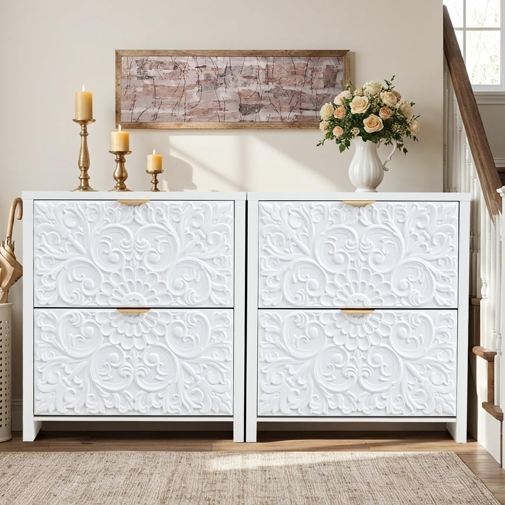 Shoe Cabinet Set of 2, 2-Tier Flip-Drawer Storage (White, 2)