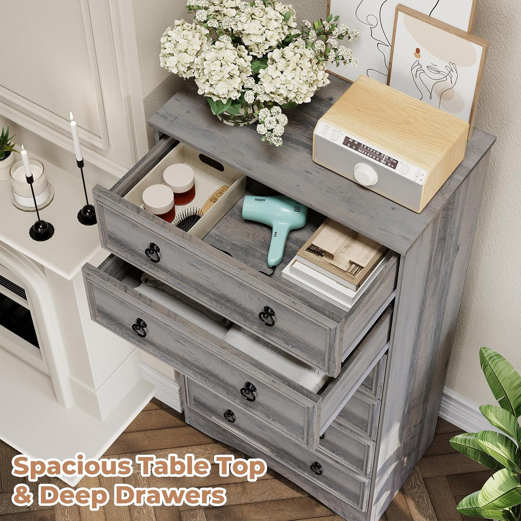 6 Drawer Dresser Tall, 52" Tall Grey Dresser , Chest of Drawers, Large Storage Organizer for Clothes, Grey Vintage