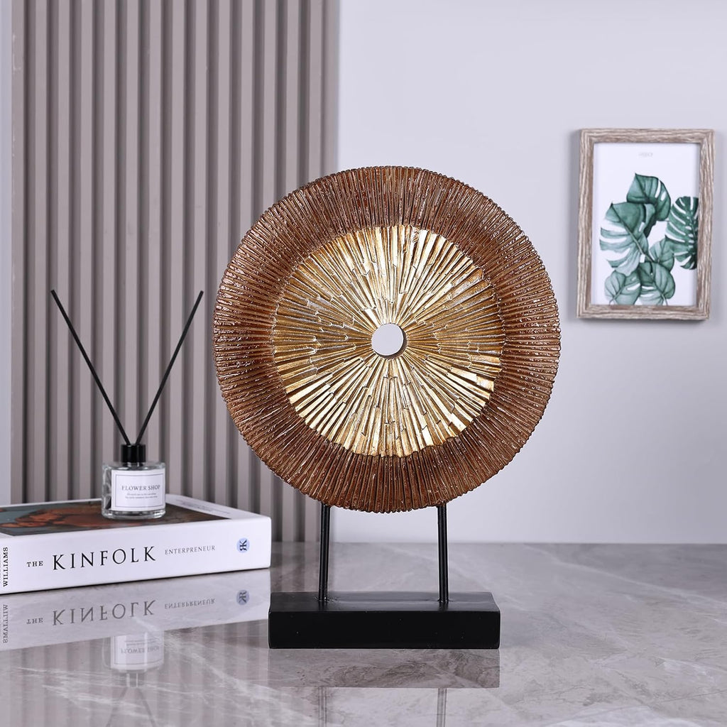 Wood Color Round Irregular line Statue, Unique Home Sculpture for Cabinet Above Coffee Table, entryway Table top TV