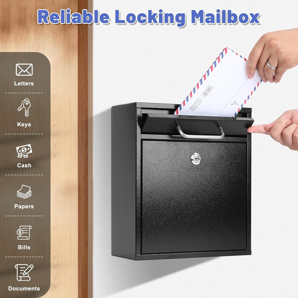 Steel Key Lock Mail Boxes Mailbox, Security Key Drop Box or Commercial, 12H x 10.5L x 4.6W Inches, Black Large