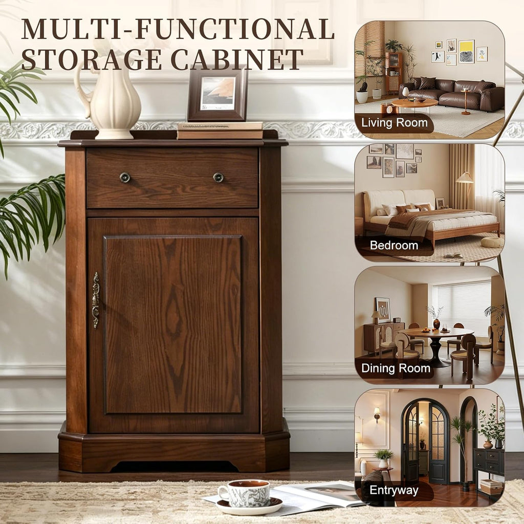 Farmhouse Accent Cabinet with Drawer and Door, Adjustable Shelf and Hidden Storage, Rustic Organizer , Walnut Finish