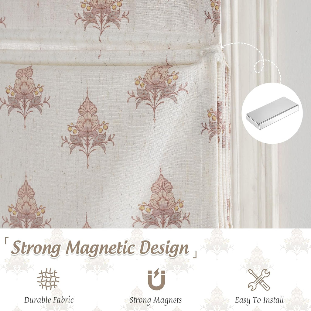 Cordless Floral Roman Shades for Windows, Magnetic Linen Textured Light Filtering Blind Vintage Elegant Print Window