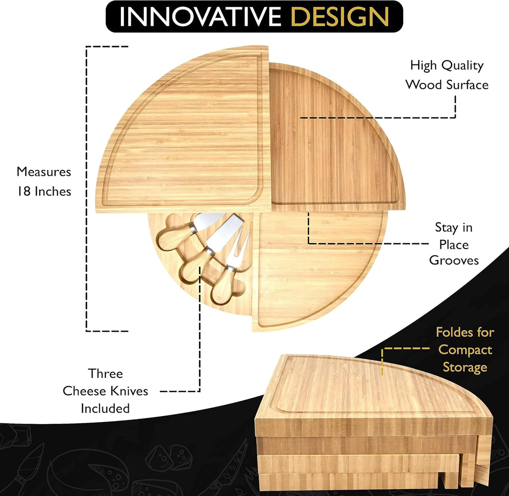 Bamboo Cheese Board & Knife Set, Large Folding 18 Inch Round Wood Rotating Charcuterie Board Set Cheese Meat Wine