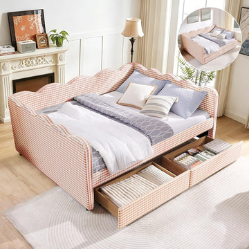Queen Size Gingham Daybed with Storage Drawers, Upholstered Linen Day Bed Frame with USB Ports & Wave-Shaped