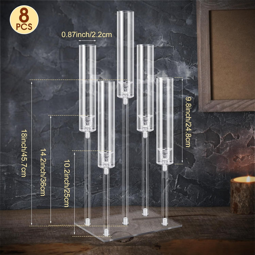8 Pcs 5 Arm Acrylic Candelabra Centerpieces Clear Candelabra Candle Holder Crystal Taper Candlestick with Rectangular