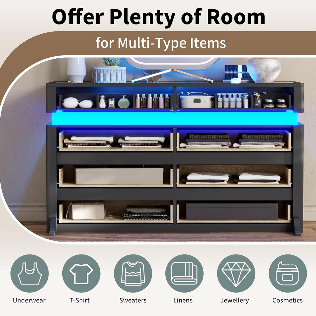 8 Drawer Dresser with LED Lights, Black Dresser with Glass Top Modern Chest of Drawers for Closet Modern Double Wide