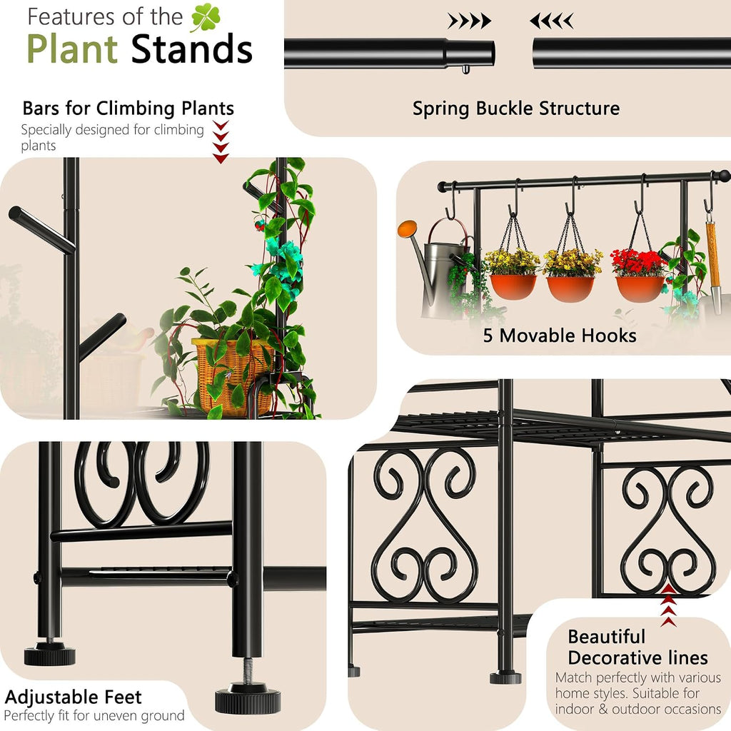 Plant Stand Indoor, 3-Tier Heavy Duty Metal Shelf & Indoor, Tall Plant Holds 14+ Plants with 5 Hooks, Rust-Proof