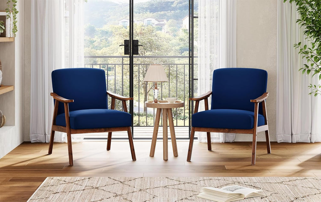 Mid Century Accent Chair, Boho Farmhouse Accent Chairs , Retro Single Lounge Reading Armchair with Solid Wood Frame