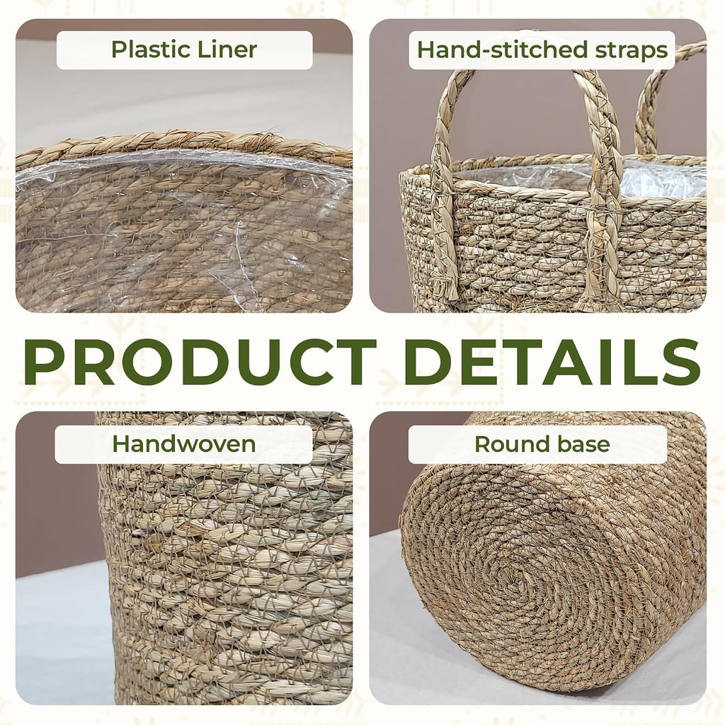 Set of 2 Woven Seagrass Planter Baskets with Handles - Handwoven Plant & Flower Pots for Indoor or Outdoor Use