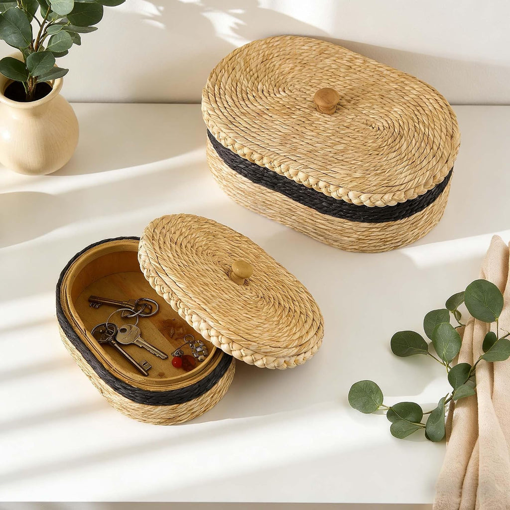 Set of 2 Woven Basket with Lid, Oval Decorative Storage Rattan Box for Shelf Decor/Organization, Boho Jewelry