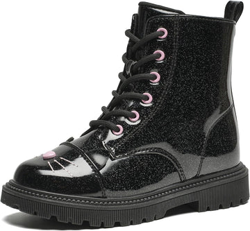 Girls Black Glitter Combat Ankle Boots with Zippers & Laces