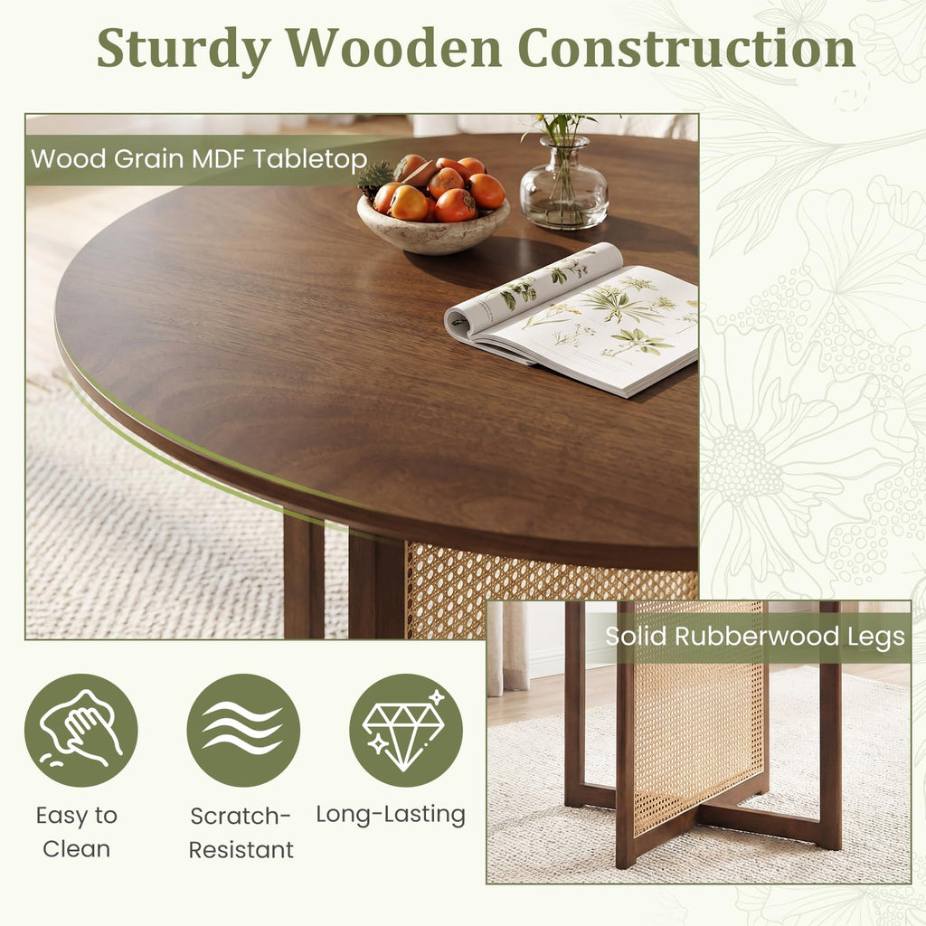 37.5" Round Dining Table for 2-4, Farmhouse Kitchen Table with Solid Rubberwood Pedestal & Rattan Base, Modern Small