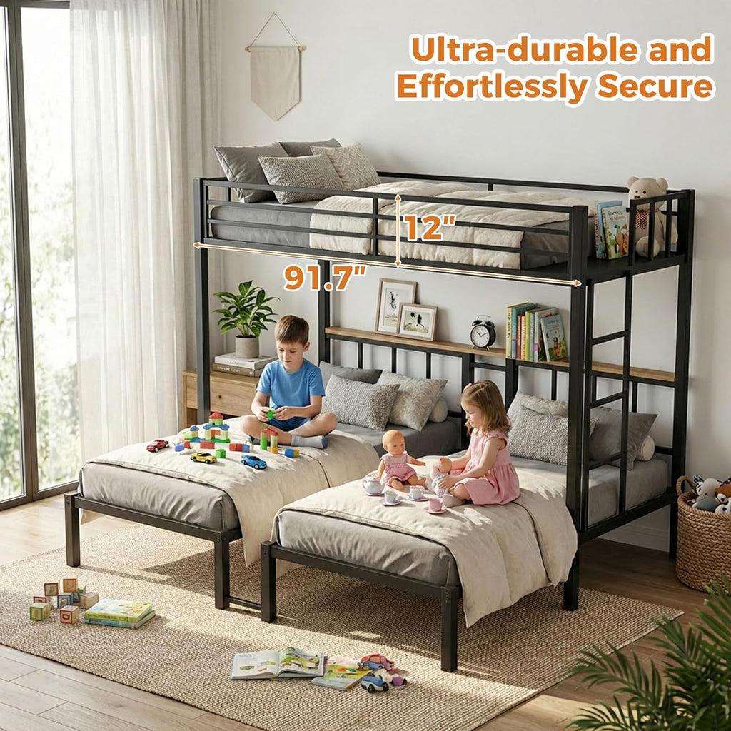 Heavy Duty Triple Bunk Bed for Kids, Twin Over Twin Over Twin Bunk Bed, Metal 3 Bed Bunk Beds for Teens and Adults