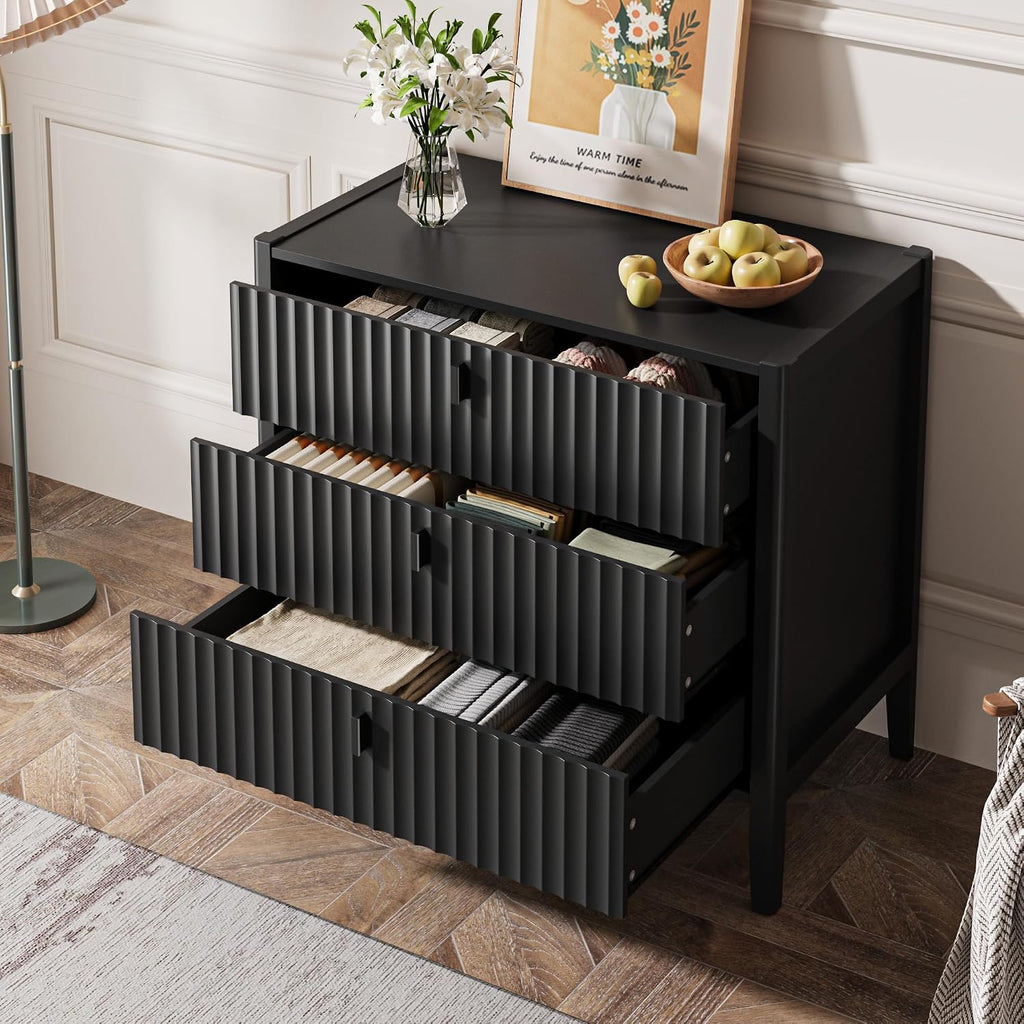 Black 5 Drawer Dresser, Modern Tall Dresser , Fluted Wood Chest of Drawers with Deep Drawers for Clothes, Storage